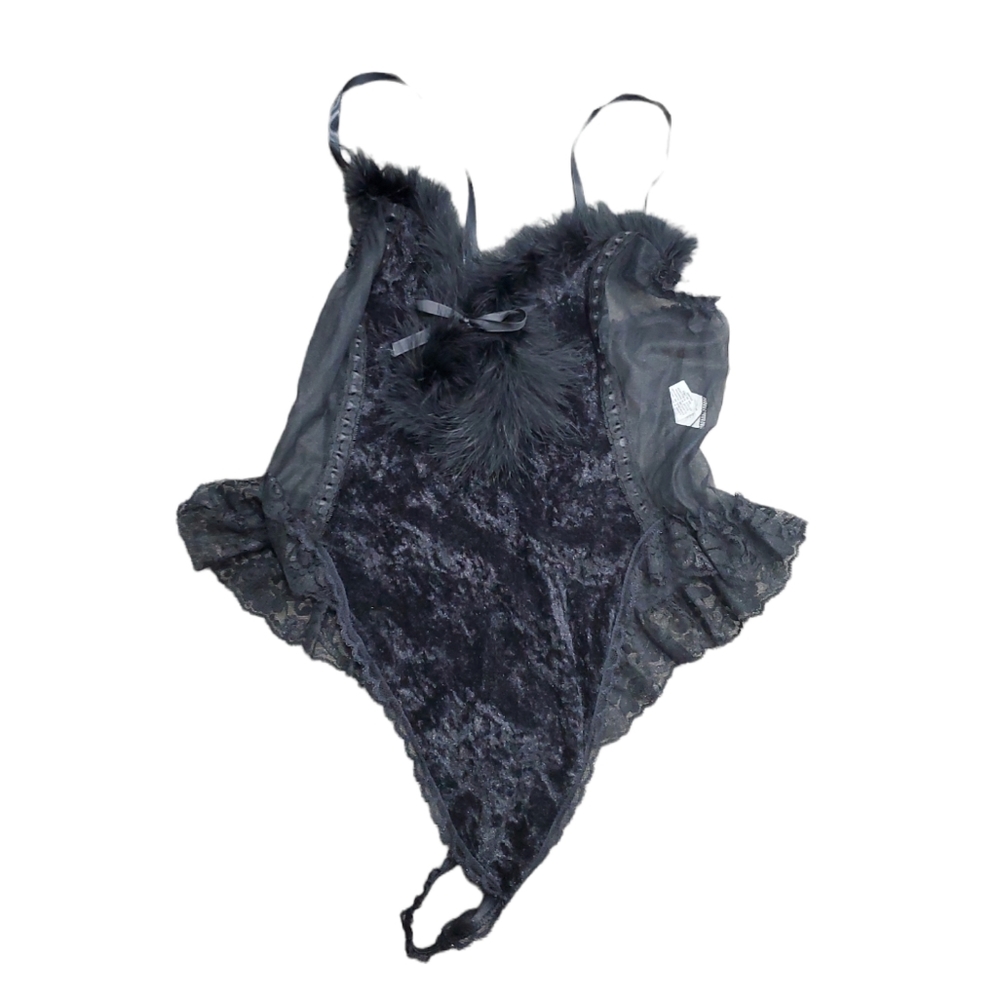 Vintage NEW Juliara black feather sheer lace nighty L #1001